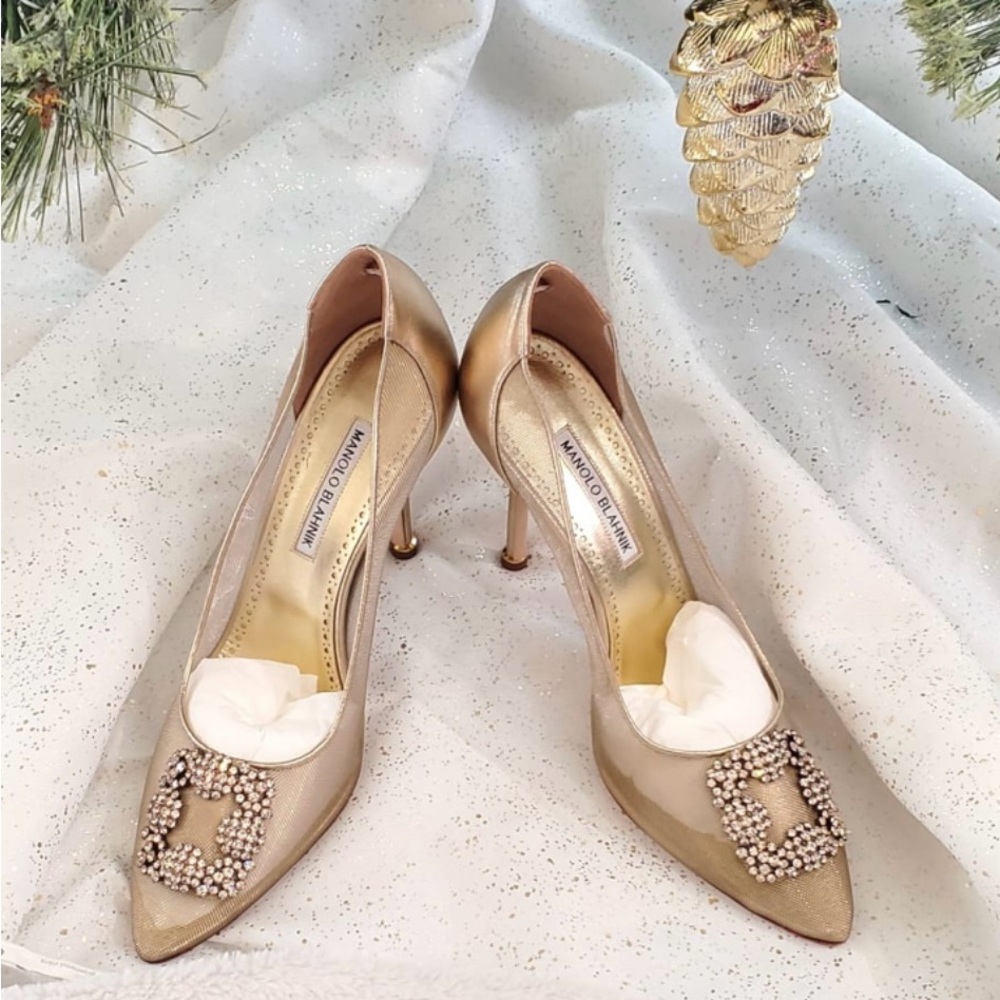 Manolo Blahnik Gold Embellished Heels - Picture 3 of 10